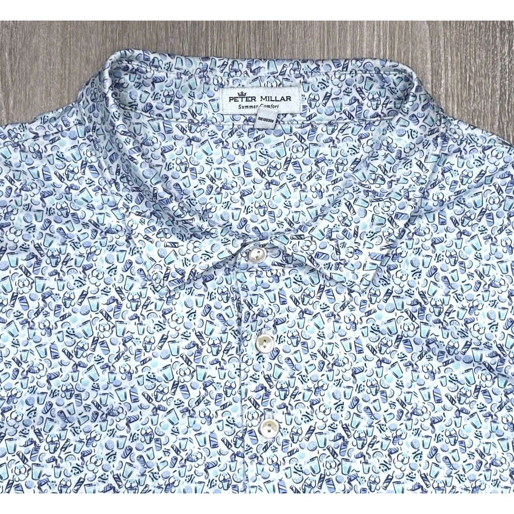 Peter Millar Shirt Mens XXL Summer Comfort Stretch Polo Novelty Drinks Print